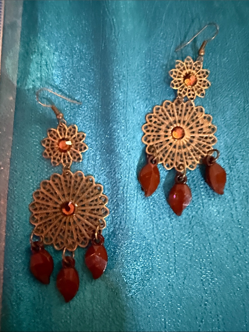 Gold Filigree Drop Earrings with Amber Beads
